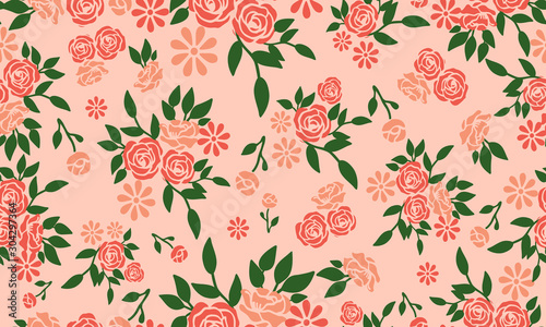 Wallpaper seamless floral pattern on peach background.
