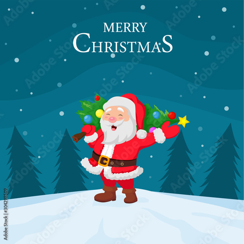 Cartoon Santa Claus carrying Christmas tree