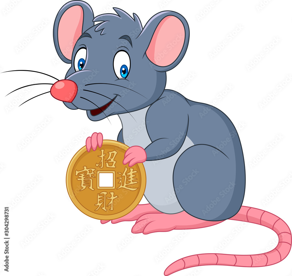 Happy Chinese New Year. Funny cartoon Rat as symbol of new year 2020  holding gold coin Stock Vector | Adobe Stock