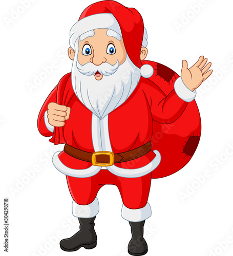 Santa Claus carrying a bag of the presents waving