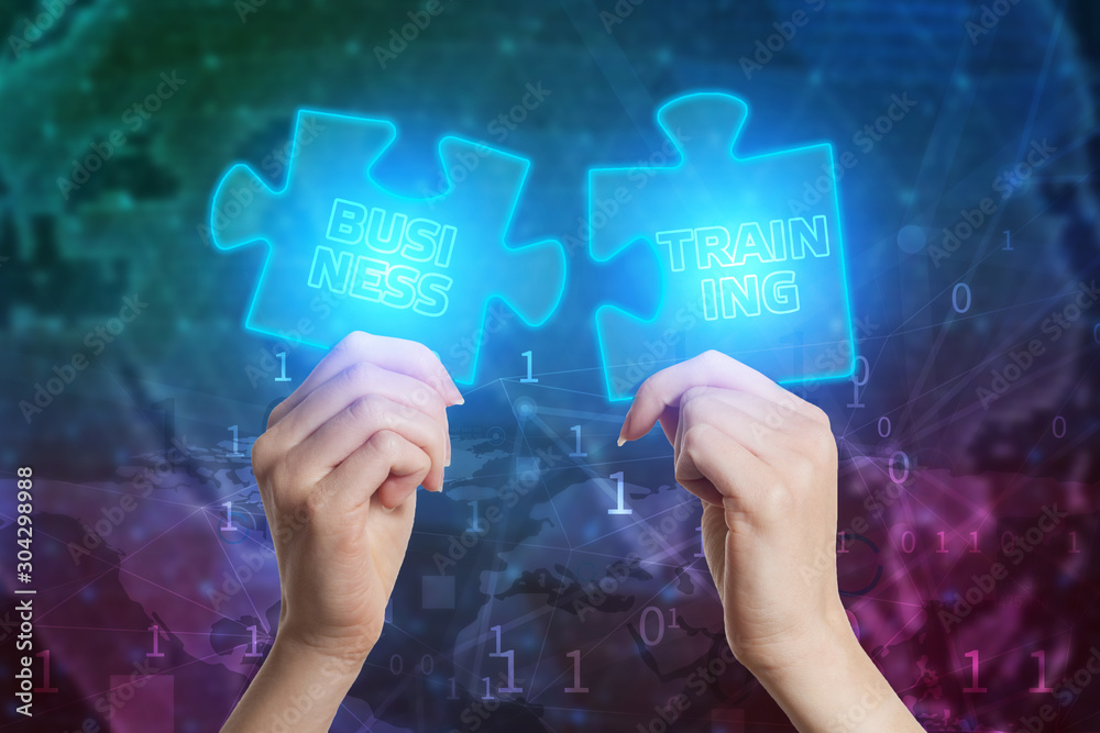 The concept of business, technology, the Internet and the network. Business solutions, success and strategy concept. Businessman hand connecting jigsaw puzzle. Business training The concept of business, technology, the Internet and the network. Business solutions, success and strategy concept. Businessman hand connecting jigsaw puzzle. Business training