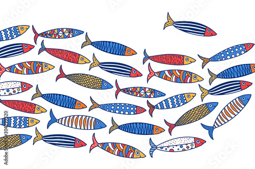 Cute fish. Wave. Vector sea poster. School of fish. Sardines.