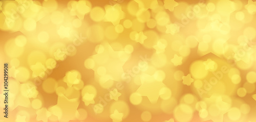 Golden bokeh banner. Bright festive background decorated with stars. Christmas glowing lights.