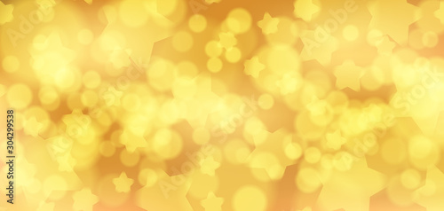 Golden bokeh banner. Bright festive background decorated with stars. Christmas glowing lights.