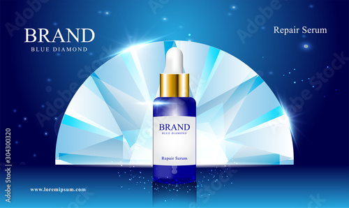 cosmetics repair serum blue diamond background with space and glitter vector illustration
