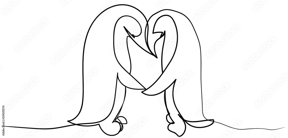 Two Penguins Fall in Love. Template for card, brochures. Beautiful Valentines Day flyer or banner design with animals and hearts shapes, abstract background. Rasterized copy.