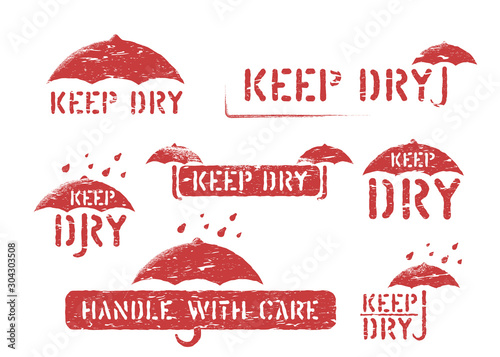 Keep dry, handle with care grungy box signs. Set of red rubber stamp imprints for cargo and logistics. Vector illustration with umbrella and scratches.