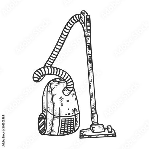 Home vacuum cleaner sketch engraving vector illustration. T-shirt apparel print design. Scratch board style imitation. Black and white hand drawn image.