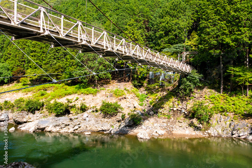 Hozukyo river and a suspension bridge 