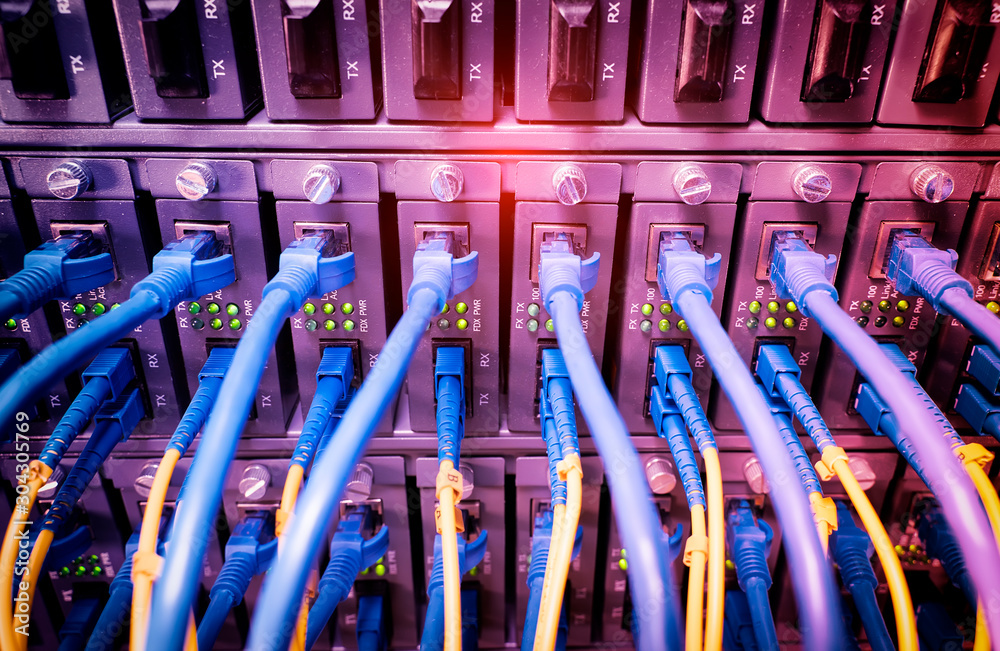 Fiber Optic cables connected to an optic ports and Network cables ...
