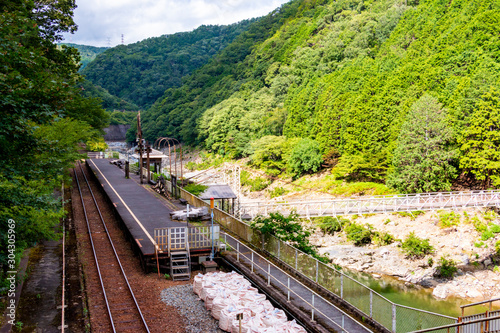 Hozukyo river and a suspension bridge 