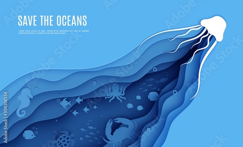 Paper cut butterflyfish, jellyfish, moonfish, turtle, hippocampus, crab, octopus. Paper craft background under ocean cave with fishes coral reef seabed in algae waves. Vector sea marine life concept