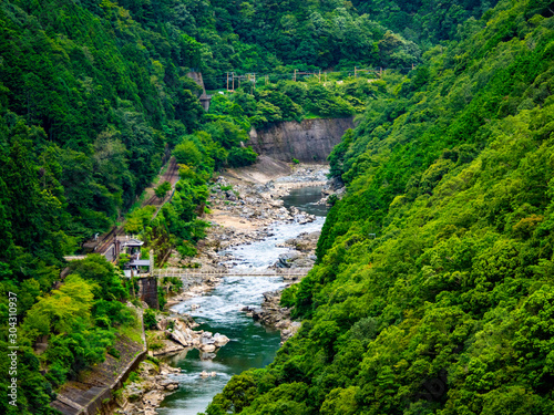 Hozukyo river and a suspension bridge 