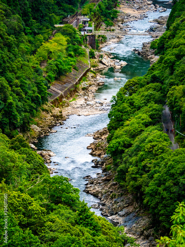 Hozukyo river and a suspension bridge 