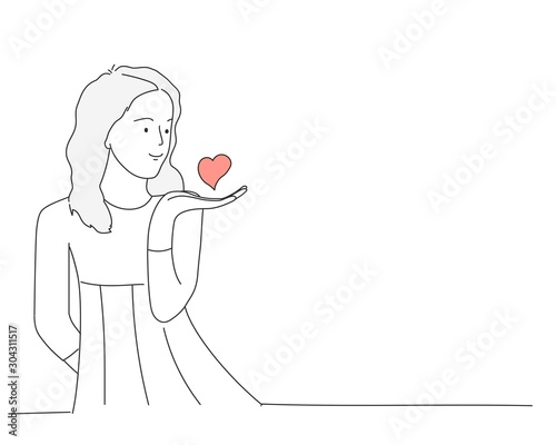 Concept of love. Girl with hearts in hand. Line drawing vector illustration.
