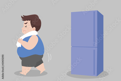 Big Fat Man hungry try to not eat food and walk away from refrigerator Healthcare concept cartoon.
