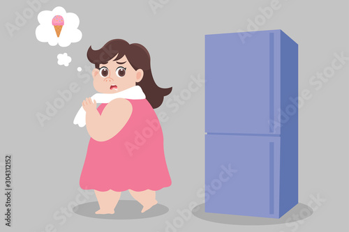 Big Fat woman hungry ice cream try to not eat looking at refrigerator Healthcare concept cartoon.