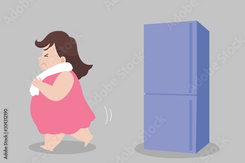 Big Fat woman hungry ice cream try to not eat looking at refrigerator Healthcare concept cartoon.
