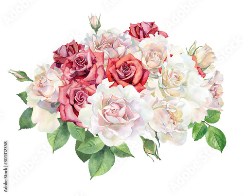 Large watercolor bouquet of red and pink roses