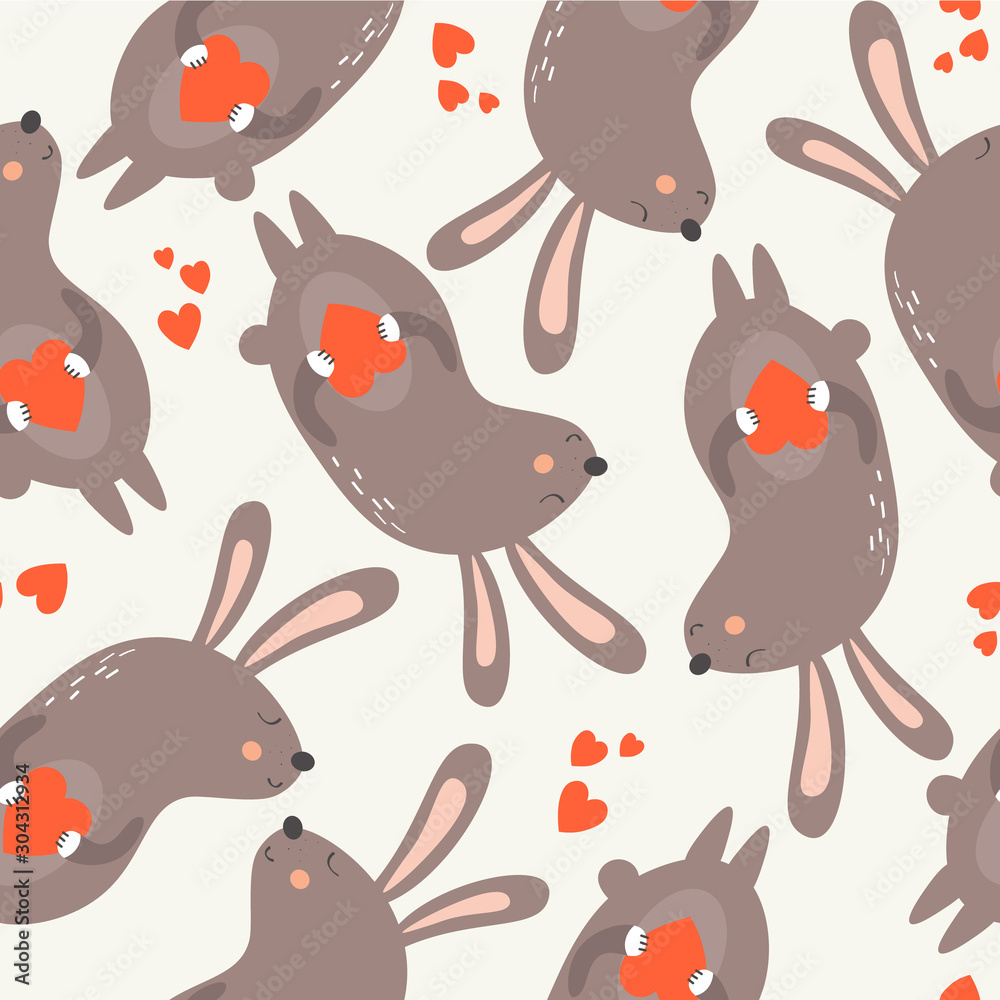 Bunnies and hearts hand drawn backdrop. Colorful seamless pattern with animals. Decorative cute wallpaper, good for printing. Overlapping background vector. Design illustration, rabbits