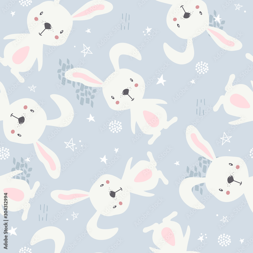Fototapeta premium Bunnies and stars hand drawn backdrop. Colorful seamless pattern with animals. Decorative cute wallpaper, good for printing. Overlapping background vector. Design illustration, rabbits