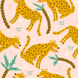 Leopards, palm trees, hand drawn backdrop. Colorful seamless pattern with animals. Decorative cute wallpaper, good for printing. Overlapping background vector. Design illustration