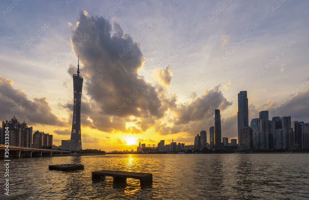 Naklejka premium Beautiful wide-angle night aerial view of Guangzhou Zhujiang New Town financial district, Guangdong, China.