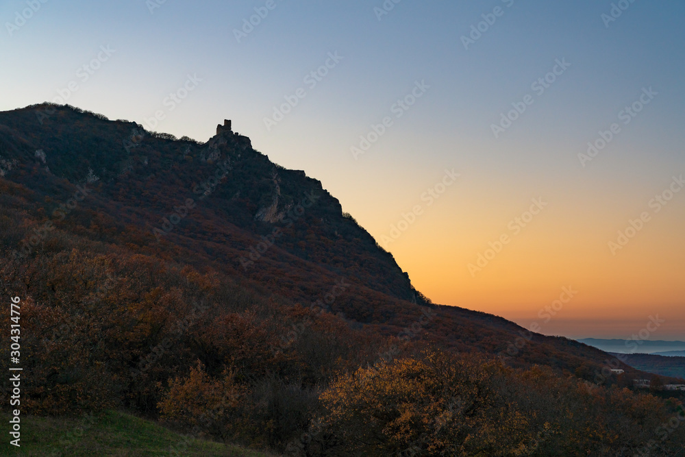 View of ancient fortress of Chirag Gala on top of the mountain, located in Azerbaijan