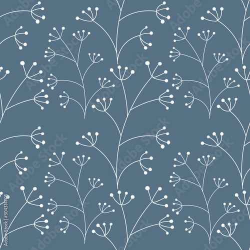 Vector Botanical seamless background with white twigs on blue . Decorative texture for fabric
