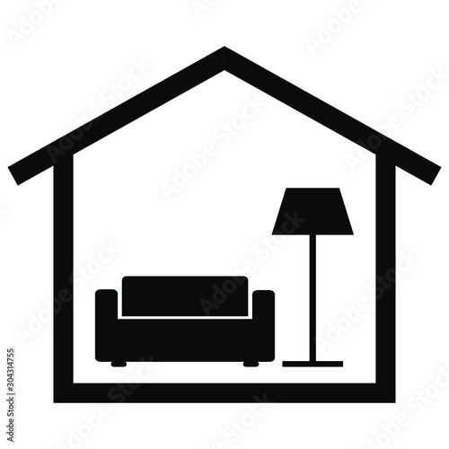 Home interior, living room at house, black and white vector icon