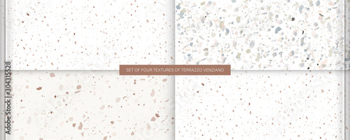 Set of four textures live coral color in the style of terrazzo venziano. Pattern for ceramics marble