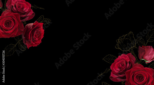 Red roses with golden glitter leaves isolated on black background. Floral banner  cover header with copy space. Natural flowers wallpaper or greeting card.