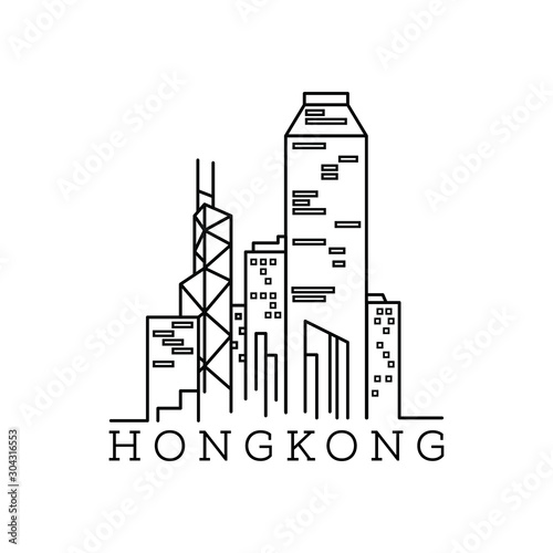 Line Art Vector Illustration of Modern Hong Kong City with Skyscrapers. Flat Line Graphic. Typographic Style Banner. The Most Famous Buildings Cityscape on Gray Background. 