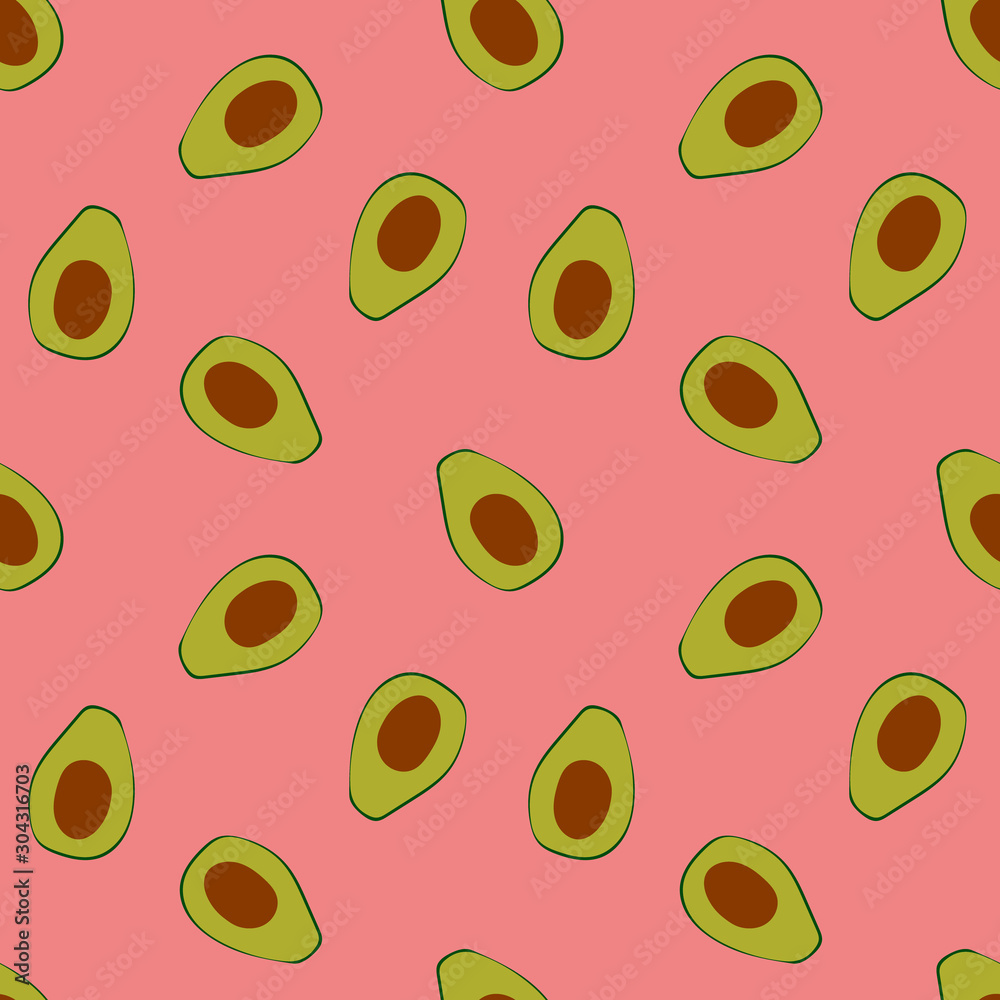 Avocado print. Seamless pattern with cut avocado on pink background. Flat vector illustration. Avocado print. Seamless pattern with cut avocado on pink background. Flat vector illustration.