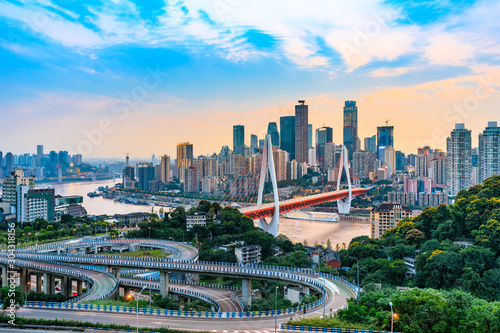 Sunset city architecture landscape and beautiful sky in Chongqing