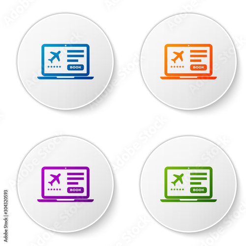 Color Laptop with electronic boarding pass airline ticket icon isolated on white background. Passenger plane mobile ticket for web and app. Set icons in circle buttons. Vector Illustration