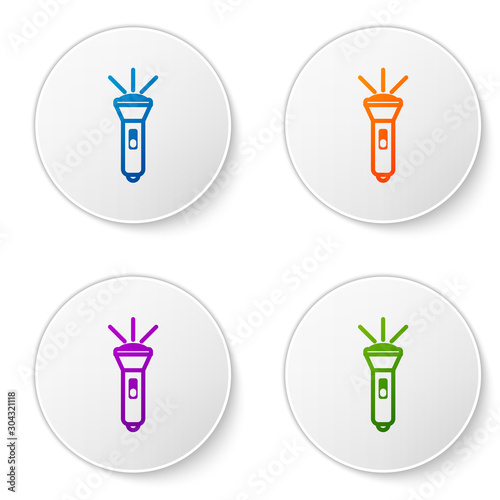 Color Flashlight icon isolated on white background. Set icons in circle buttons. Vector Illustration