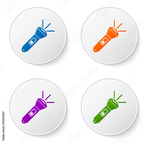 Color Flashlight icon isolated on white background. Set icons in circle buttons. Vector Illustration