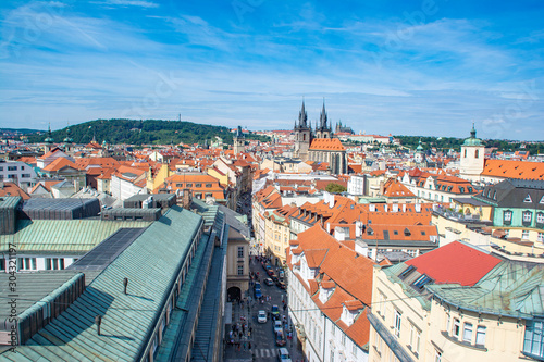 View of the rooftops of Prague with the Church of Our Lady before Týn in the background