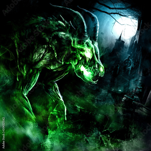 A creepy undead with a skull of an animal, horned and muscular, rises from the grave at the full moon, shrouded in a poisonous green fog, against the background of a Gothic castle. 2D illustration