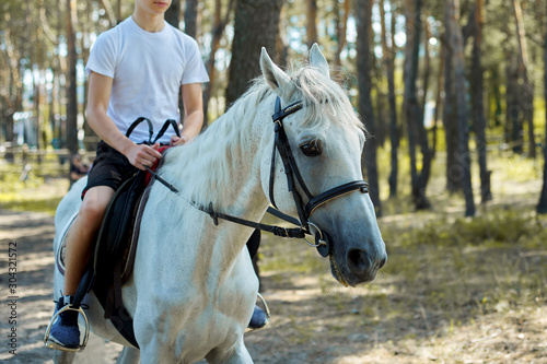 Close up of white horse running with teenage rider boy