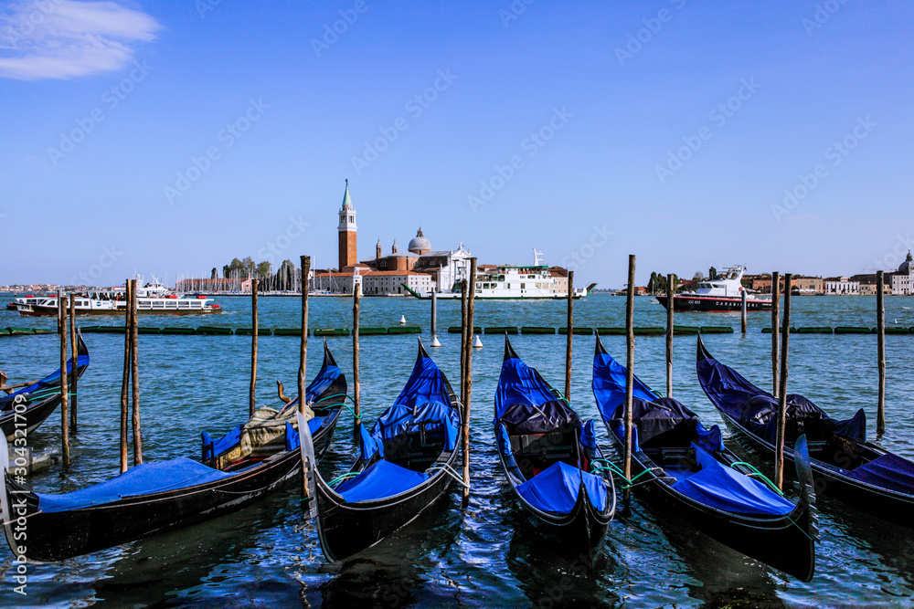 Famous View to the Blue Gondola in Venice, Italy