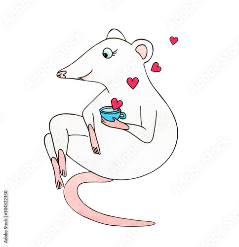 Fototapeta Naklejka Na Ścianę i Meble -  mouse in love sits, cross-legged, drinks from a cup, dreams. isolated on a white background. White rat symbol of 2020. Cute animal with hearts, hand-drawn. decor for valentines day.
