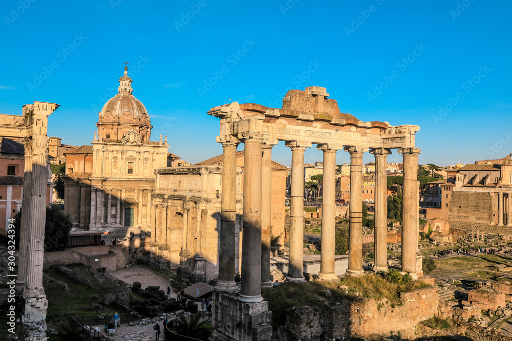 Sunny day in the Roman Ruins of Forum, Rome, Italy 