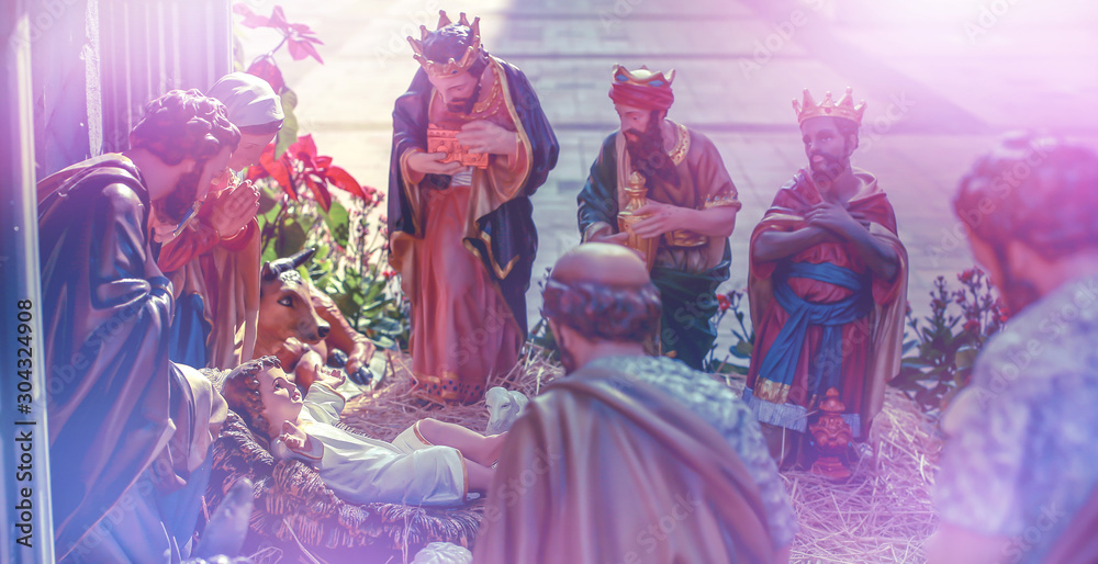 Poster Traditional Christmas scenes and sacred light shining for use in ...