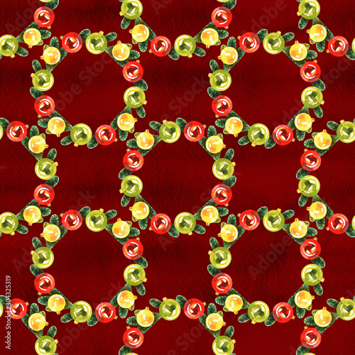 Hand-drawn watercolor seamless pattern with Christmas balls. Holiday pattern with New Year toys on a white background
