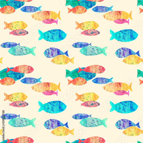 Fishes in naive style seamless pattern. Digital hand drawn picture with hand painted texture. Background for headline, image for blog, decoration. Design for wallpaper, textile, fabrics.