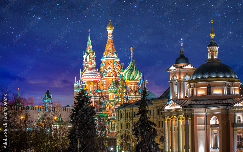 The Cathedral of Vasily the Blessed known as Saint Basil's Cathedral, is a Russian Orthodox church in Red Square in Moscow, Russia. Beautiful blue star night view 