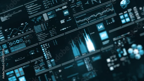 Perspective view with out of focus areas of Futuristic interface/Digital screen.Detailed abstract background with blinking and switching indicators and statuses showing work of command center, process