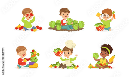 Little Kids Playing with Vegetables Vector Set